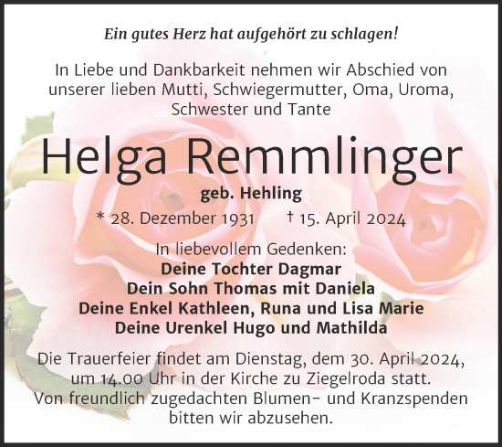 Traueranzeige von Helga Remmlinger von Trauerkombi Merseburg