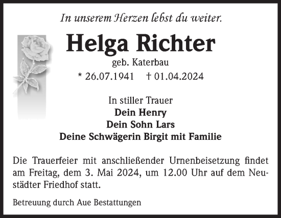 Traueranzeige von Helga Richter von Volksstimme Magdeburg