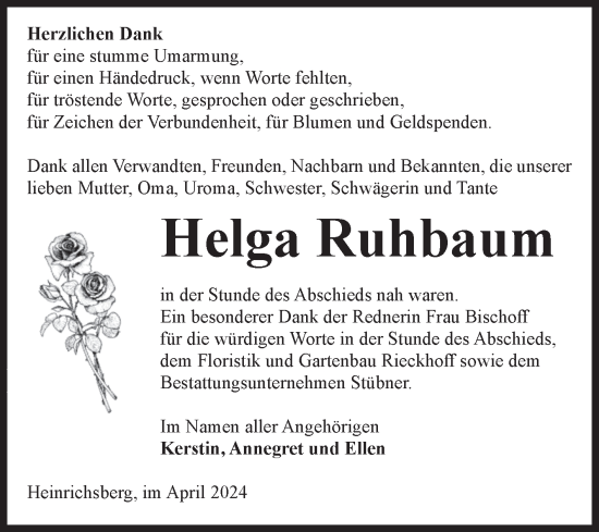 Traueranzeige von Helga Ruhbaum von Volksstimme Haldensleben/Wolmirstedt