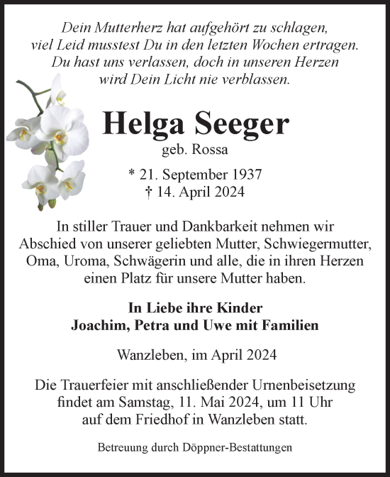 Traueranzeige von Helga Seeger 