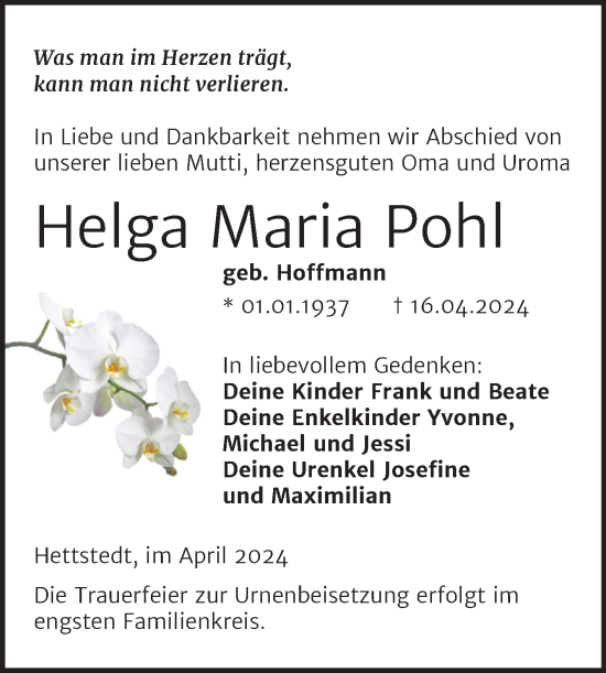 Traueranzeige von Helga Maria Pohl von Trauerkombi Mansfelder Land