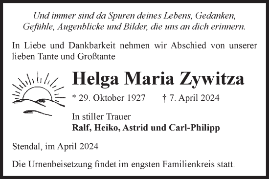 Traueranzeige von Helga Maria Zywitza von Volksstimme Altmark Ost