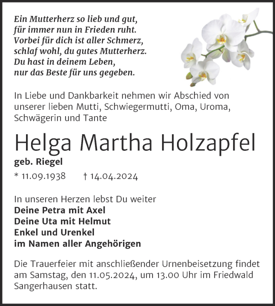 Traueranzeige von Helga Martha Holzapfel von Trauerkombi Sangerhausen