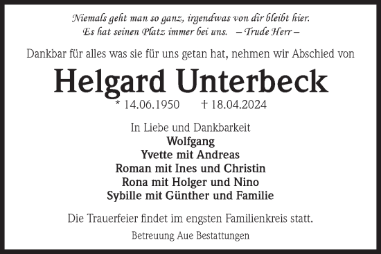 Traueranzeige von Helgard Unterbeck von Volksstimme Magdeburg
