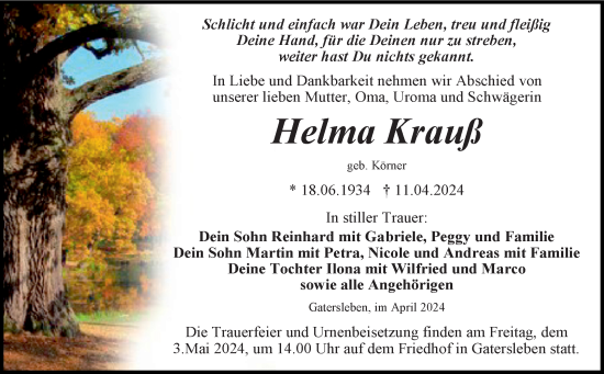 Traueranzeige von Helma Krauß von Trauerkombi Aschersleben