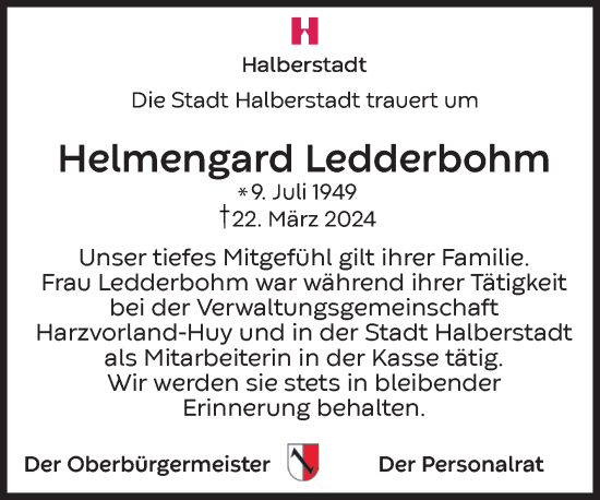 Traueranzeige von Helmengard  Ledderbohm von Volksstimme Halberstadt