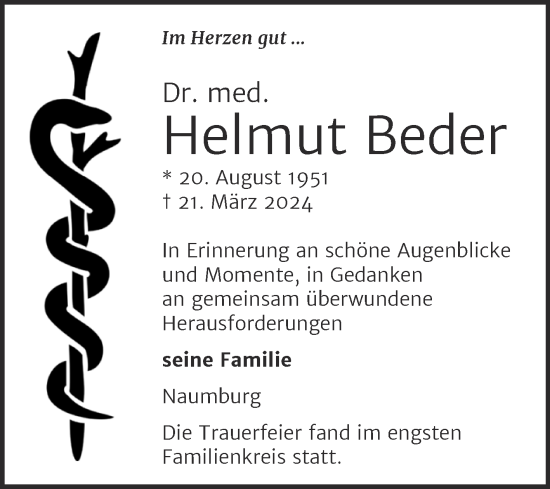 Traueranzeige von Helmut Beder von Naumburger Tageblatt