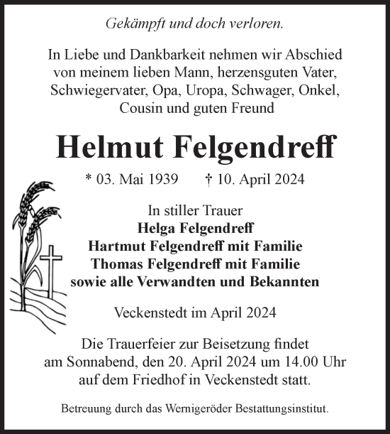 Traueranzeige von Helmut Felgendreff von Volksstimme Wernigerode