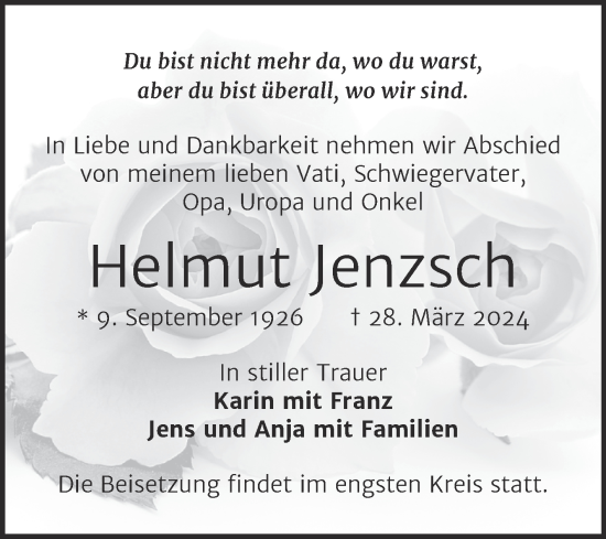 Traueranzeige von Helmut Jenzsch von Mitteldeutsche Zeitung Halle/Saalkreis