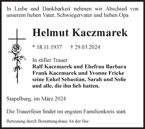 Traueranzeige von Helmut Kaczmarek von Volksstimme Wernigerode