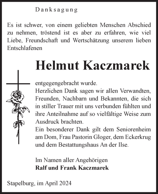 Traueranzeige von Helmut Kaczmarek von Volksstimme Wernigerode