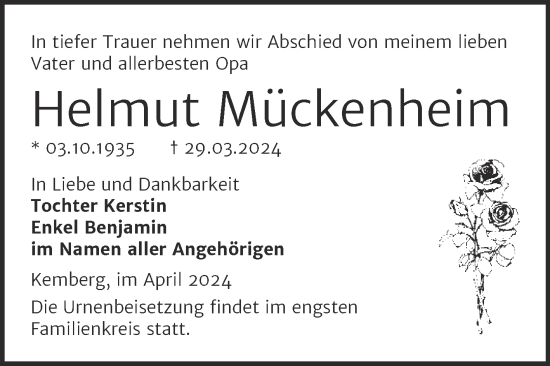 Traueranzeige von Helmut Mückenheim von Trauerkombi Wittenberg