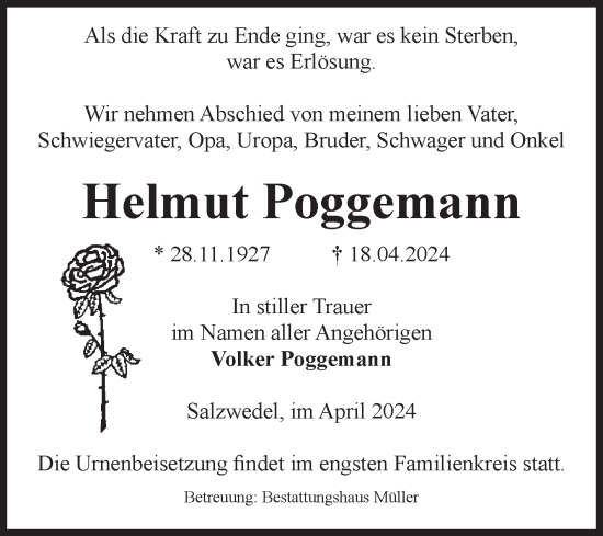 Traueranzeige von Helmut Poggemann von Volksstimme Altmark West