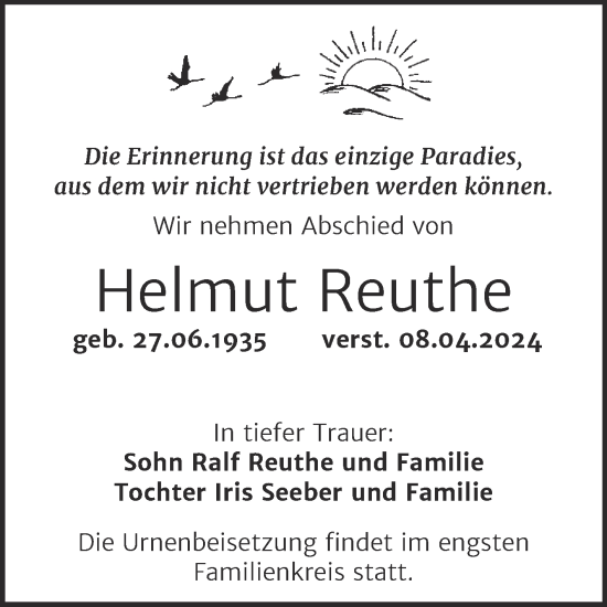 Traueranzeige von Helmut Reuthe von Trauerkombi Quedlinburg