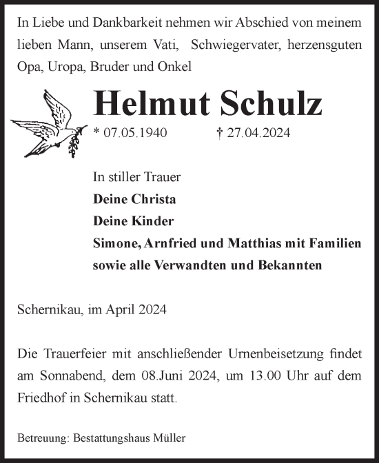 Traueranzeige von Helmut Schulz von Volksstimme Altmark West