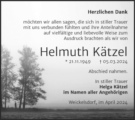 Traueranzeige von Helmuth Kätzel von Super Sonntag Zeitz