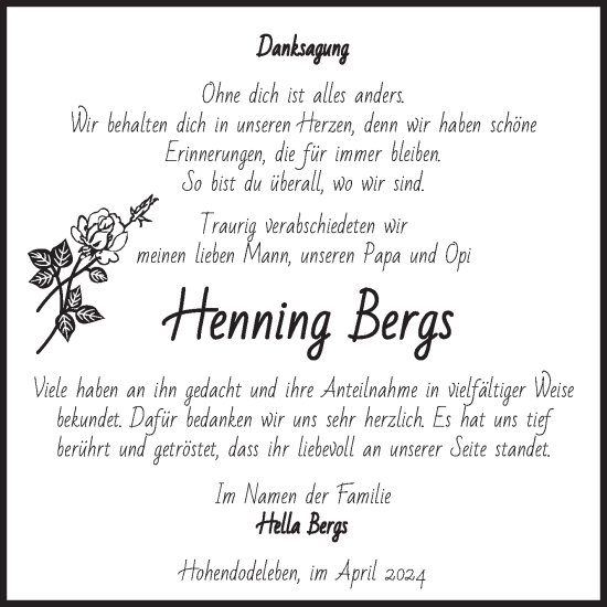 Traueranzeige von Henning Bergs von Volksstimme Oschersleben/Wanzleben