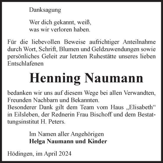 Traueranzeige von Henning Naumann von Volksstimme Haldensleben/Wolmirstedt