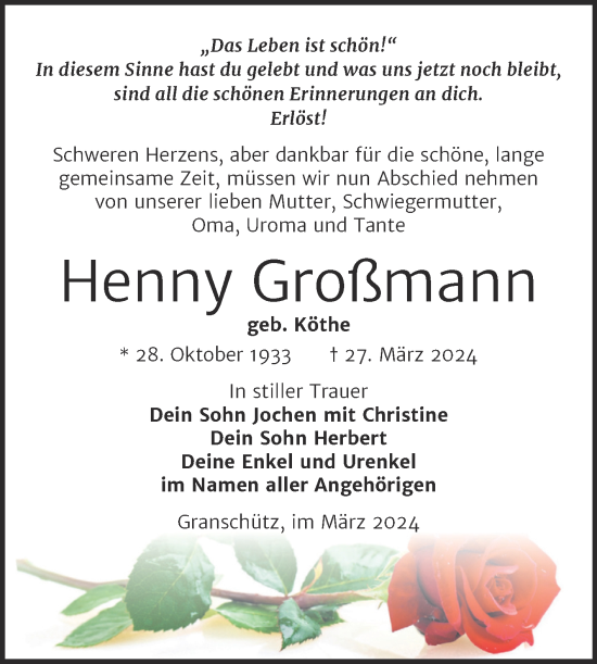 Traueranzeige von Henny Großmann von Trauerkombi Weißenfels