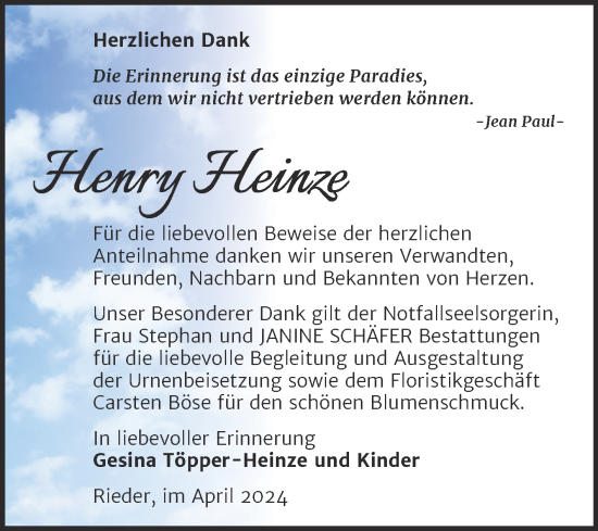Traueranzeige von Henry Heinze von Trauerkombi Quedlinburg