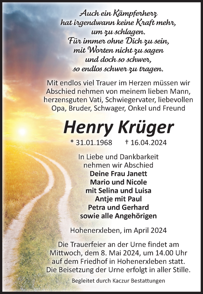  Traueranzeige für Henry Krüger vom 20.04.2024 aus Volksstimme Staßfurt