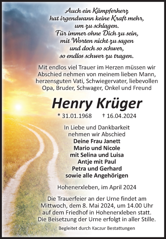 Traueranzeige von Henry Krüger von Volksstimme Staßfurt