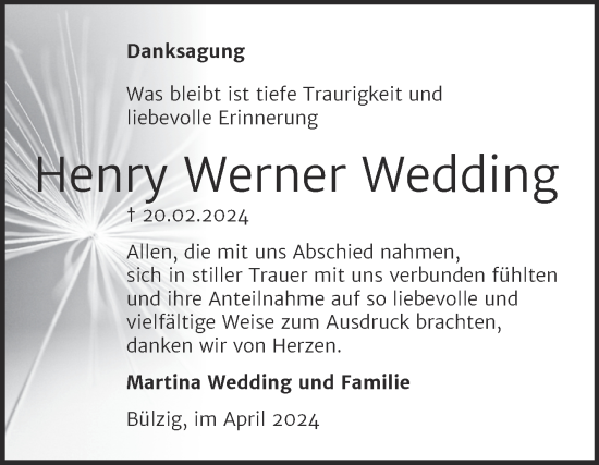 Traueranzeige von Henry Werner Wedding von Trauerkombi Wittenberg