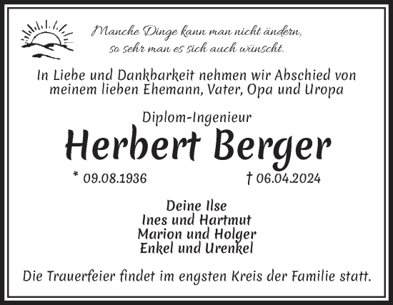 Traueranzeige von Herbert Berger von Volksstimme Magdeburg