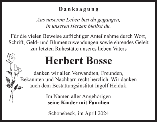 Traueranzeige von Herbert Bosse von Volksstimme Schönebeck