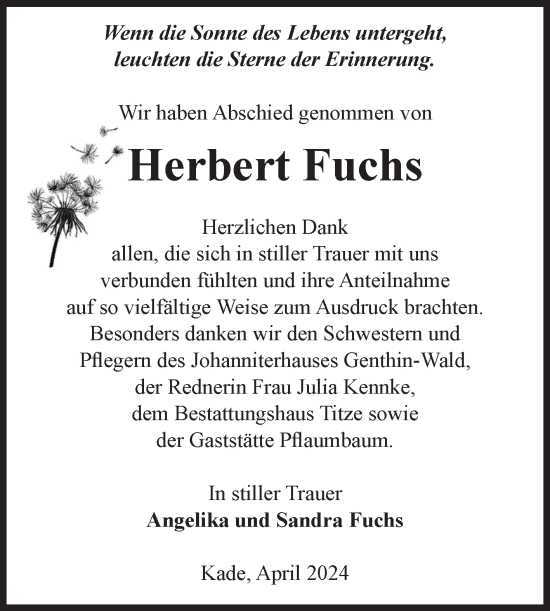 Traueranzeige von Herbert Fuchs von Volksstimme Burg/Genthin