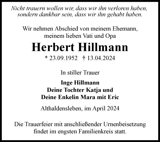 Traueranzeige von Herbert Hillmann von Volksstimme Haldensleben/Wolmirstedt