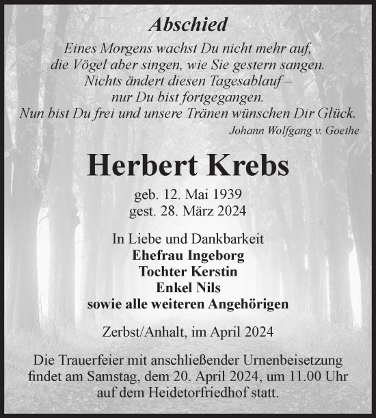 Traueranzeige von Herbert Krebs von Volksstimme Zerbst