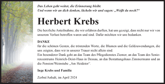 Traueranzeige von Herbert Krebs von Volksstimme Zerbst