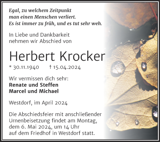 Traueranzeige von Herbert Krocker von Trauerkombi Aschersleben