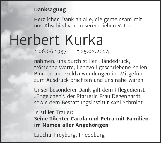Traueranzeige von Herbert Kurka von Super Sonntag Naumburg/Nebra