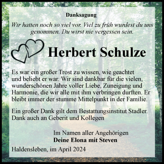 Traueranzeige von Herbert Schulze von Volksstimme Haldensleben/Wolmirstedt