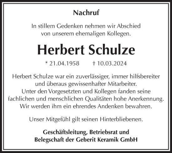 Traueranzeige von Herbert Schulze von Volksstimme Haldensleben/Wolmirstedt