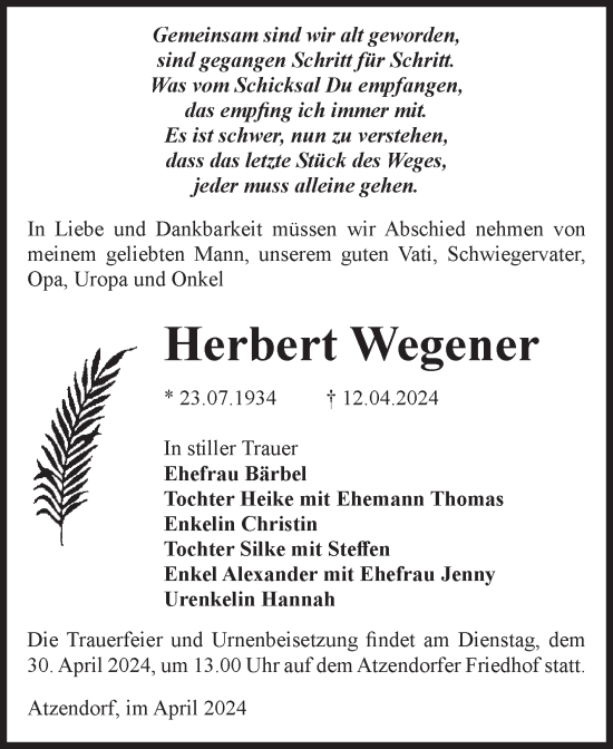 Traueranzeige von Herbert Wegener von Volksstimme Staßfurt