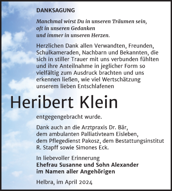 Traueranzeige von Heribert Klein von Trauerkombi Mansfelder Land