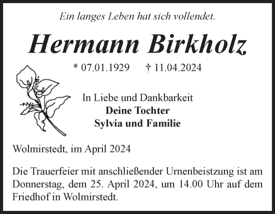 Traueranzeige von Hermann Birkholz von Volksstimme Haldensleben/Wolmirstedt