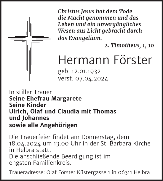 Traueranzeige von Hermann Förster von Mitteldeutsche Zeitung Mansfelder Land
