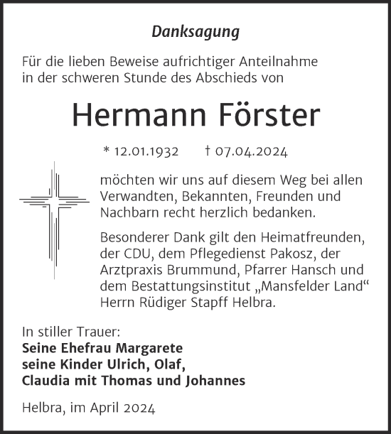 Traueranzeige von Hermann Förster von Trauerkombi Mansfelder Land