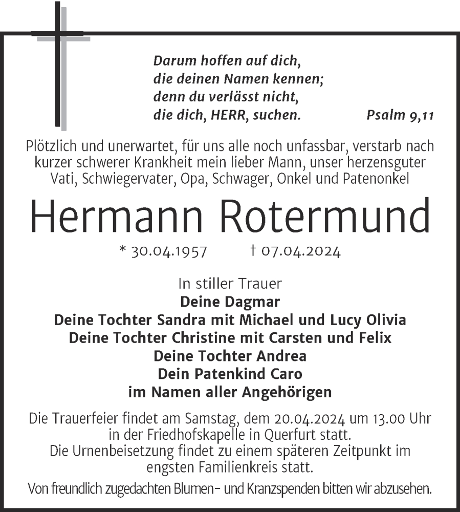  Traueranzeige für Hermann Rotermund vom 13.04.2024 aus Trauerkombi Merseburg