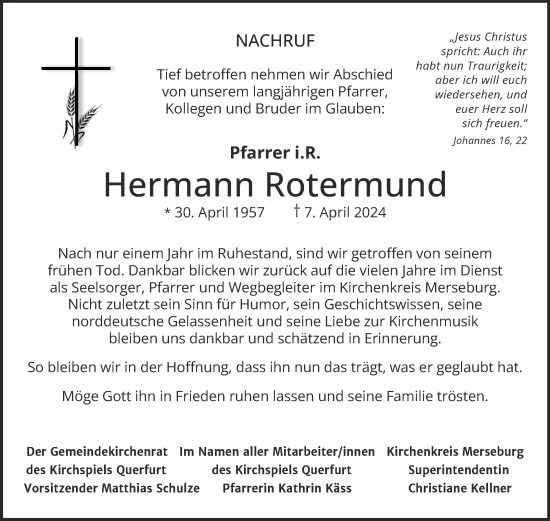 Traueranzeige von Hermann Rotermund von Super Sonntag Merseburg/Querfurt