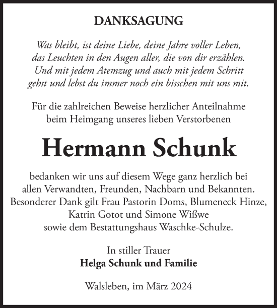 Traueranzeige von Hermann Schunk von Volksstimme Altmark Ost