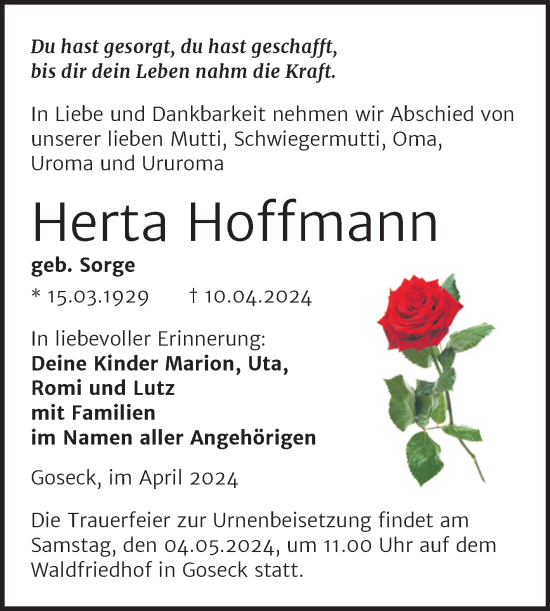 Traueranzeige von Herta Hoffmann von Trauerkombi Weißenfels