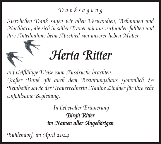 Traueranzeige von Herta Ritter von Volksstimme Zerbst