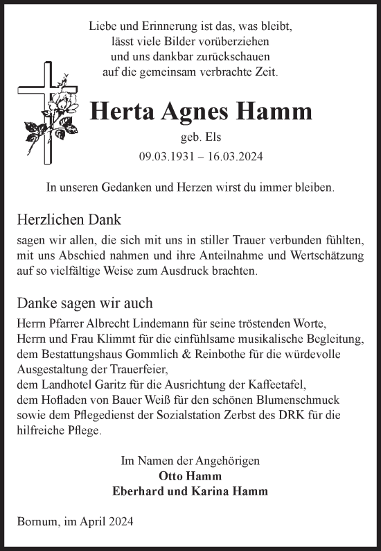 Traueranzeige von Herta Agnes Hamm von Volksstimme Zerbst