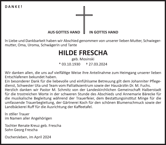 Traueranzeige von Hilde Frescha von Volksstimme Oschersleben/Wanzleben