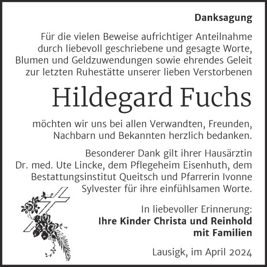 Traueranzeige von Hildegard Fuchs von Trauerkombi Köthen